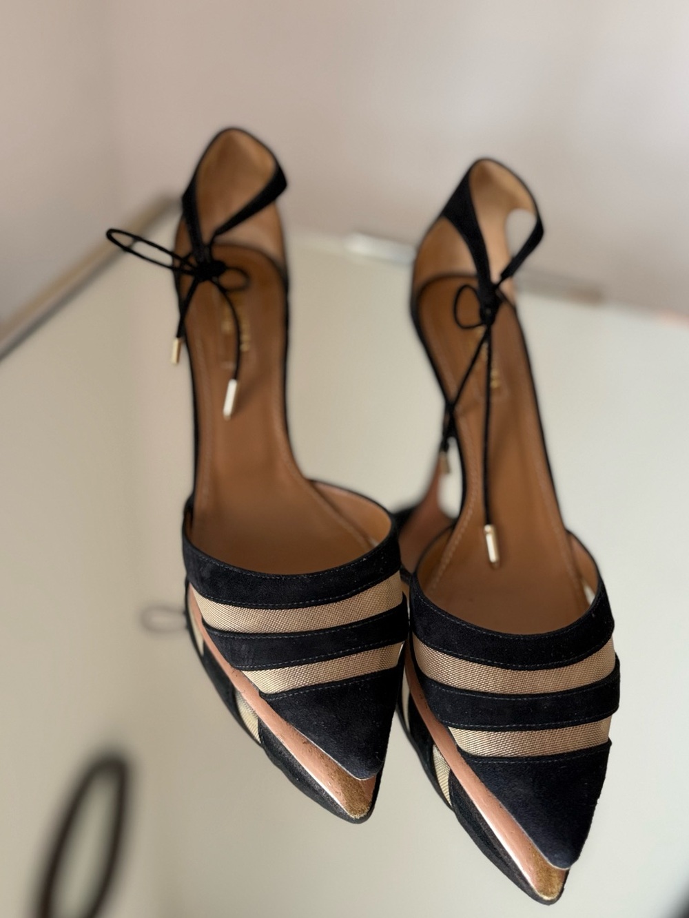 EUC Aquazzura Sude Mesh Black and Nude Pointed Toe Ankle Tie Pump 37.5